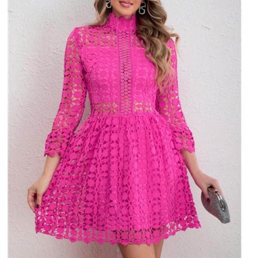 NEW - Elegant Hot Pink Women Stand Collar Flared Sleeve Hollow Lace‎ - Picture 4 of 6